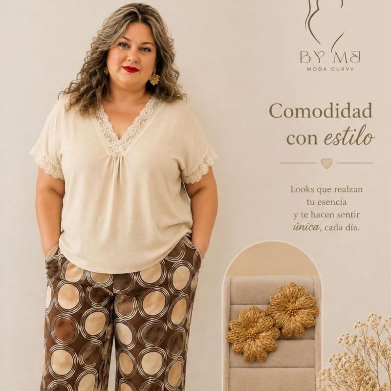 mujer curvy elegante blusa y pantalón